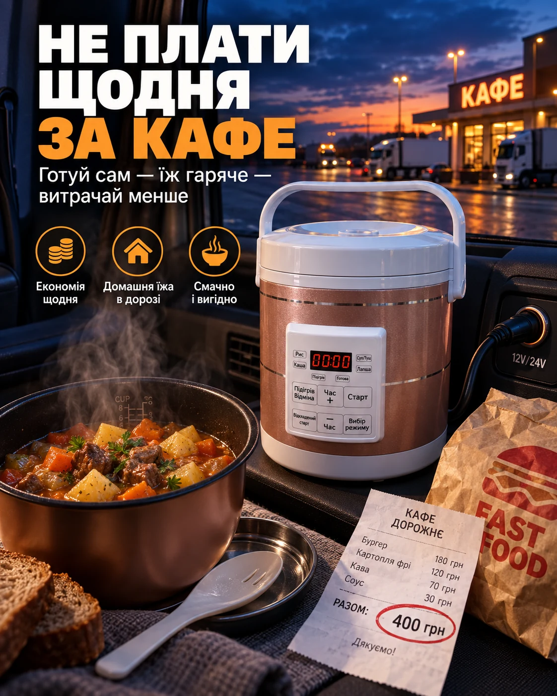 Домашня гаряча страва в кабіні як альтернатива щоденним покупкам їжі у придорожньому кафе